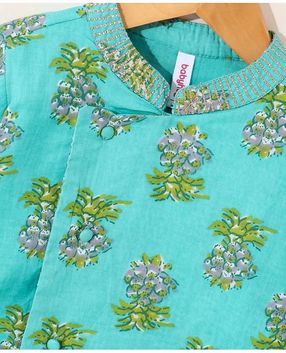 Babyhug Full Sleeves Cotton Kurta & Dhoti Set Printed- Mint