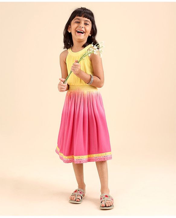 Babyhug Sleeveless Solid Colour Ethnic Dress - Yellow Pink