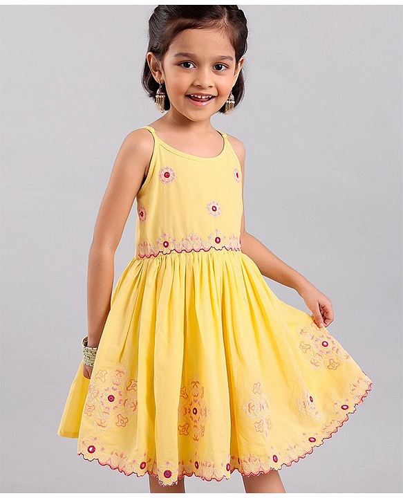 Babyhug Singlet Sleeves Woven Ethnic Dress Floral Embroidery - Yellow