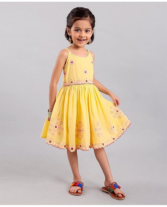 Babyhug Singlet Sleeves Woven Ethnic Dress Floral Embroidery - Yellow