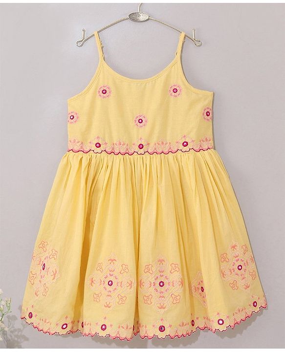 Babyhug Singlet Sleeves Woven Ethnic Dress Floral Embroidery - Yellow