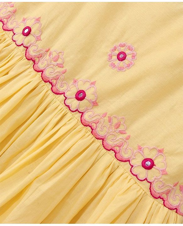 Babyhug Singlet Sleeves Woven Ethnic Dress Floral Embroidery - Yellow