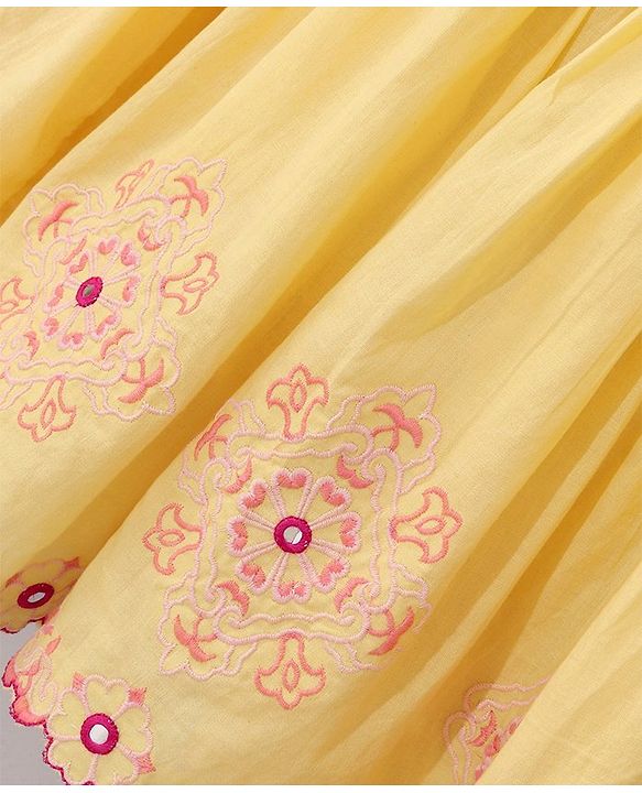 Babyhug Singlet Sleeves Woven Ethnic Dress Floral Embroidery - Yellow