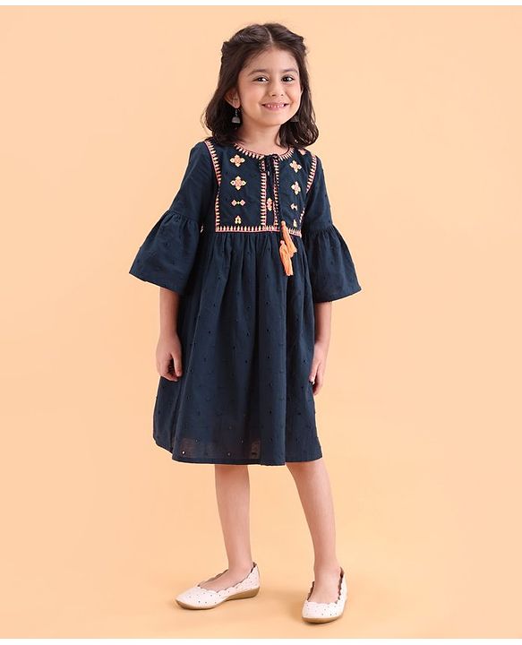 Babyhug Woven Three Fourth Embroidered Ethnic Dress - Navy