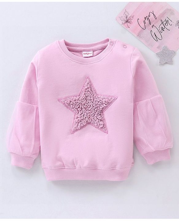 Babyhug Full Sleeves Cotton Knit Sweatshirt With Fur Embroidery & Mesh Detailing at Sleeves - Pink