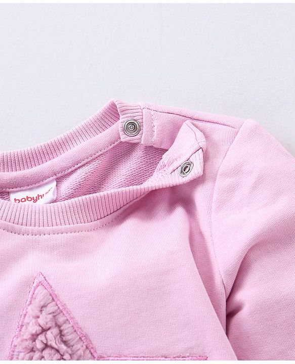 Babyhug Full Sleeves Cotton Knit Sweatshirt With Fur Embroidery & Mesh Detailing at Sleeves - Pink