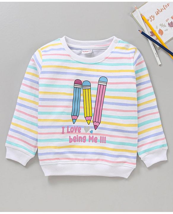 Babyhug Cotton Knit Full Sleeves Striped & Text Printed Sweatshirt - White