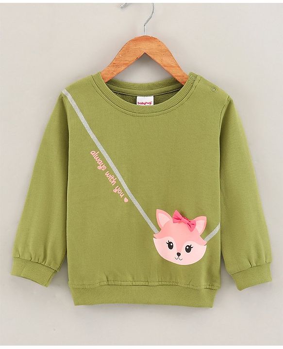 Babyhug Full Sleeves Knit Sweatshirt With Graphic & Bow Detailing- Green