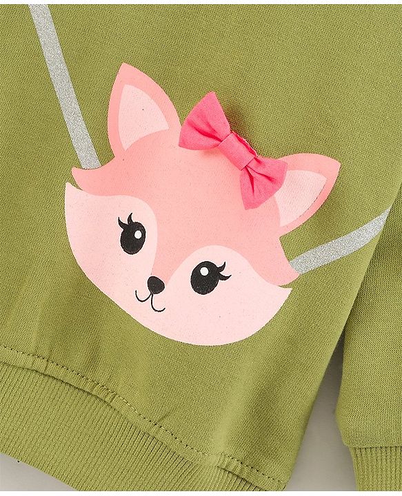 Babyhug Full Sleeves Knit Sweatshirt With Graphic & Bow Detailing- Green
