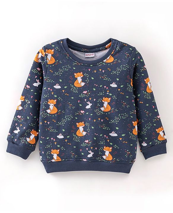 Babyhug 100% Cotton Full Sleeves  Sweatshirt With Jackal Print -Navy Blue