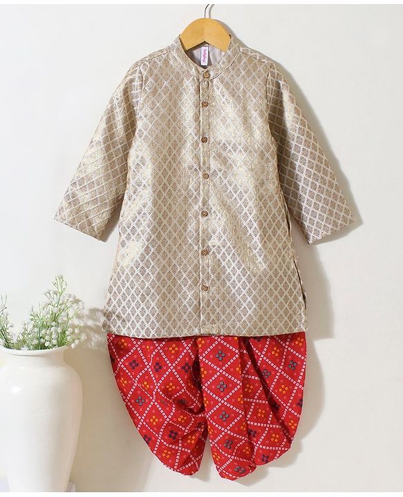 Babyhug Cotton Full Sleeves Dhoti Kurta Set Printed - Silver Red