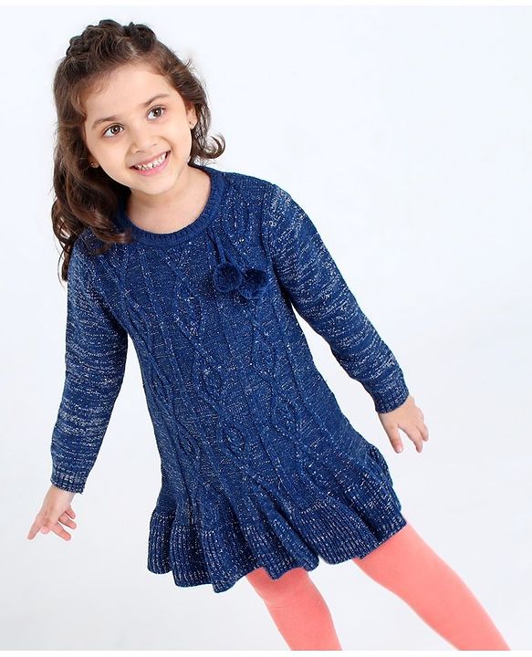 Babyhug Full Sleeves Solid Sweater Tassel & Glitter Detailing- Blue
