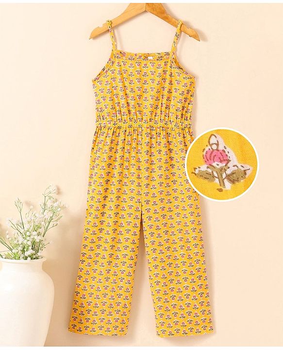 Babyhug Cotton Woven Sleeveless Ethnic Jumpsuit Floral Print - Yellow