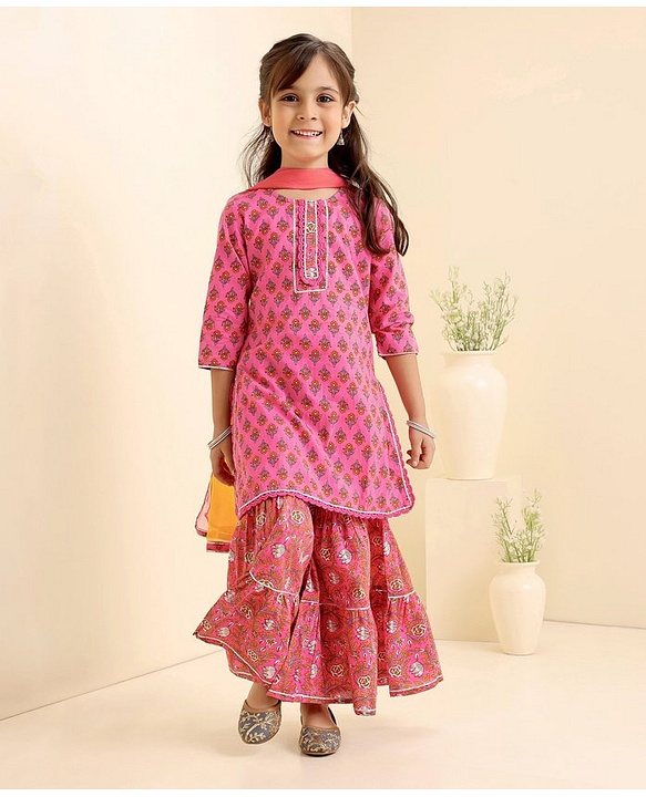 Babyhug Cotton Woven Three Fourth Sleeves Kurti & Sharara Set with Dupatta Ethnic Print - Pink