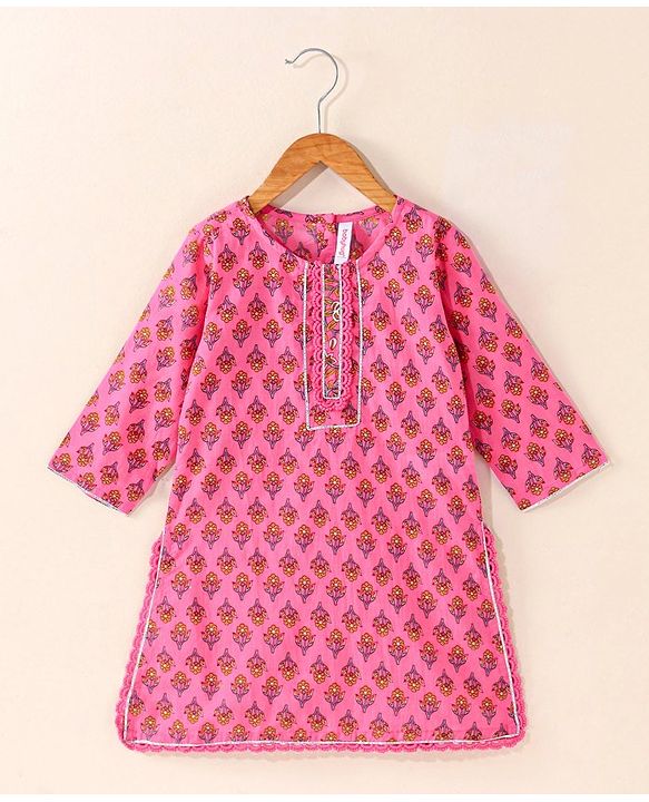 Babyhug Cotton Woven Three Fourth Sleeves Kurti & Sharara Set with Dupatta Ethnic Print - Pink