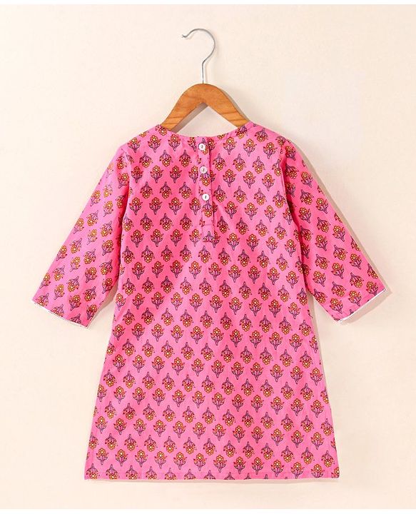 Babyhug Cotton Woven Three Fourth Sleeves Kurti & Sharara Set with Dupatta Ethnic Print - Pink