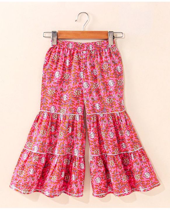 Babyhug Cotton Woven Three Fourth Sleeves Kurti & Sharara Set with Dupatta Ethnic Print - Pink