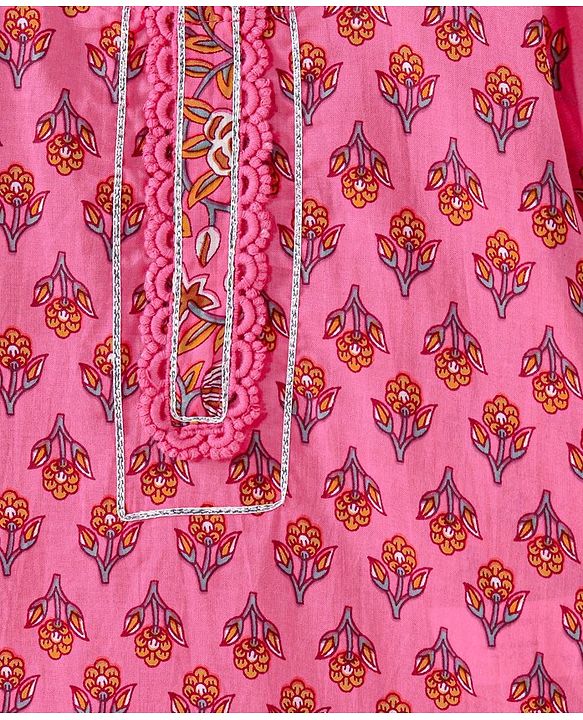 Babyhug Cotton Woven Three Fourth Sleeves Kurti & Sharara Set with Dupatta Ethnic Print - Pink