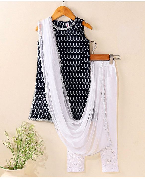 Babyhug Cotton Woven Sleeveless Kurti & Churidar Set with Dupatta Ethnic Print - Navy