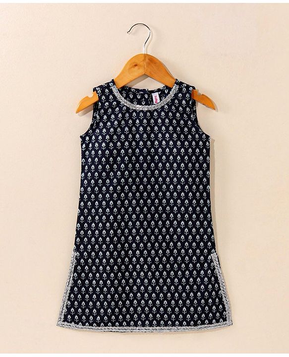 Babyhug Cotton Woven Sleeveless Kurti & Churidar Set with Dupatta Ethnic Print - Navy