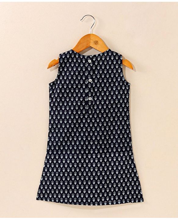 Babyhug Cotton Woven Sleeveless Kurti & Churidar Set with Dupatta Ethnic Print - Navy