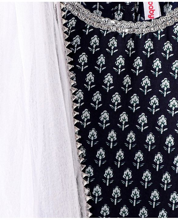 Babyhug Cotton Woven Sleeveless Kurti & Churidar Set with Dupatta Ethnic Print - Navy
