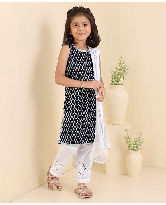 Babyhug Cotton Woven Sleeveless Kurti & Churidar Set with Dupatta Ethnic Print - Navy