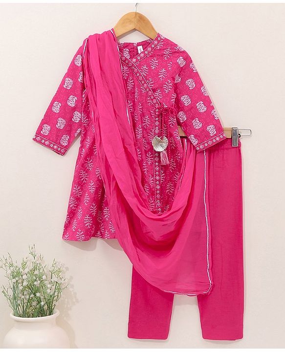 Babyhug Cotton Three Fourth Sleeves Kurti With Churidar Pant & Dupatta Printed- Pink