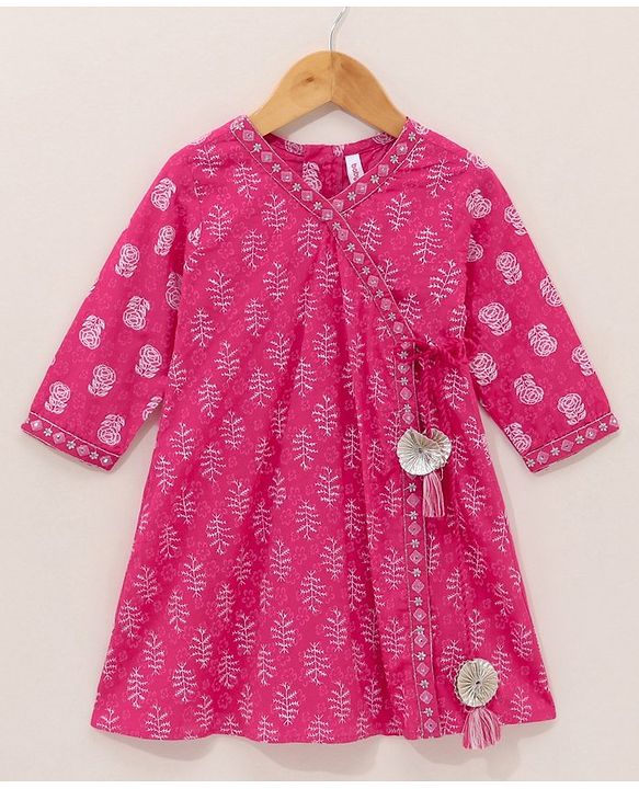 Babyhug Cotton Three Fourth Sleeves Kurti With Churidar Pant & Dupatta Printed- Pink