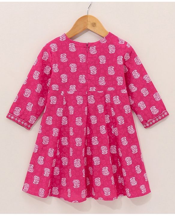 Babyhug Cotton Three Fourth Sleeves Kurti With Churidar Pant & Dupatta Printed- Pink