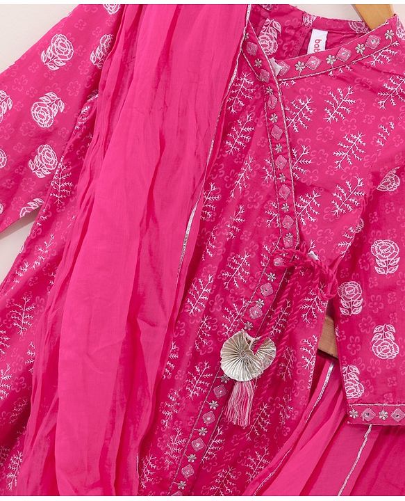 Babyhug Cotton Three Fourth Sleeves Kurti With Churidar Pant & Dupatta Printed- Pink