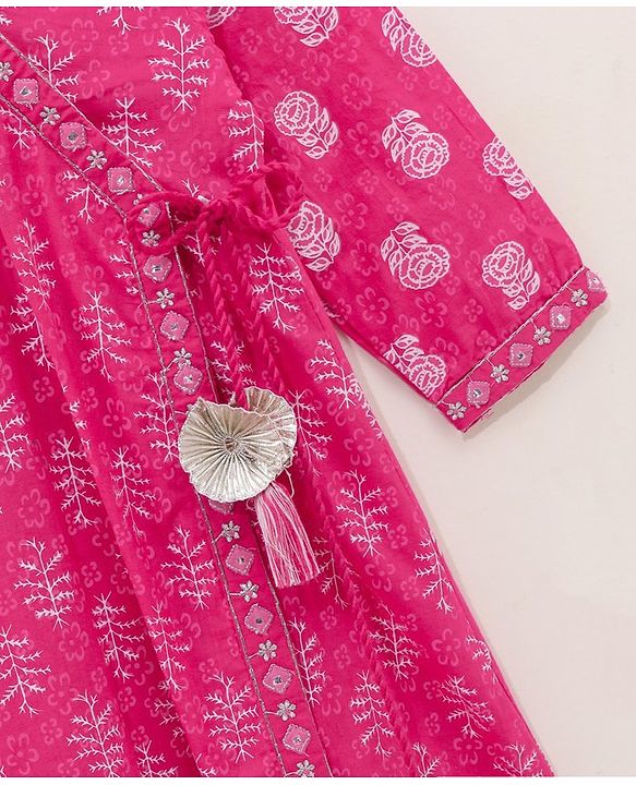 Babyhug Cotton Three Fourth Sleeves Kurti With Churidar Pant & Dupatta Printed- Pink