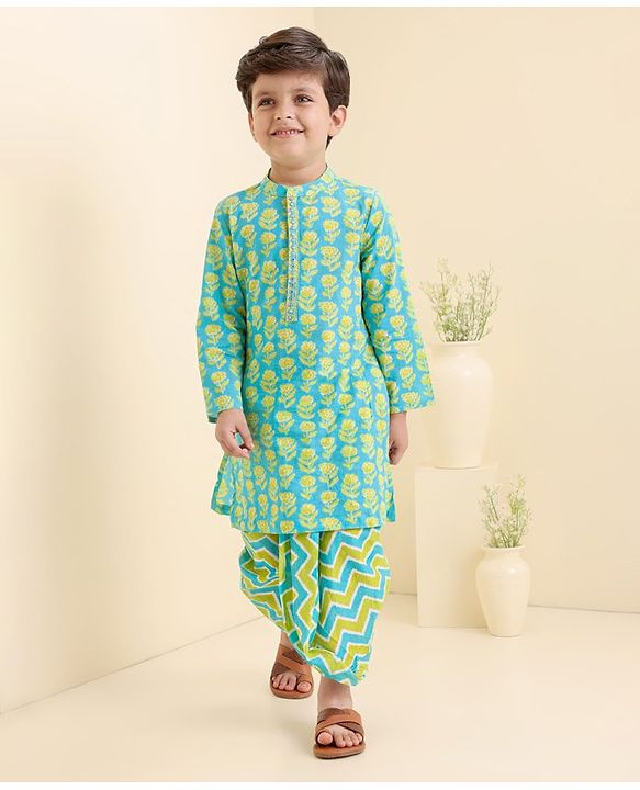 Babyhug Cotton Woven Full Sleeves Bagh Printed Kurta & Dhoti Set - Teal