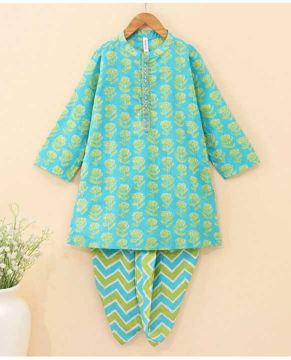 Babyhug Cotton Woven Full Sleeves Bagh Printed Kurta & Dhoti Set - Teal