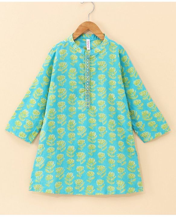 Babyhug Cotton Woven Full Sleeves Bagh Printed Kurta & Dhoti Set - Teal