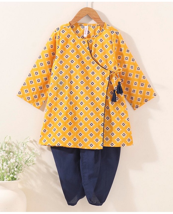 Babyhug Cotton Woven Full Sleeves Ethnic Print Kurta & Dhoti Set - Yellow