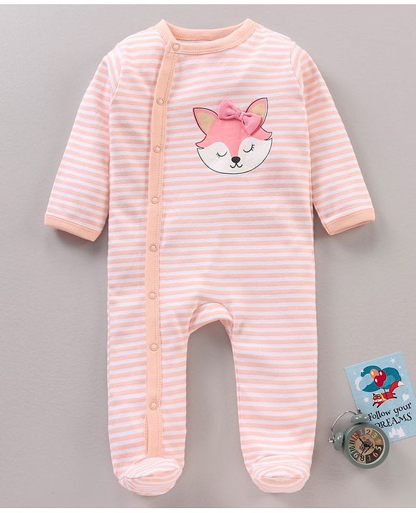 Babyhug Cotton Knit Full Sleeves Sleepsuit Striped - Pink