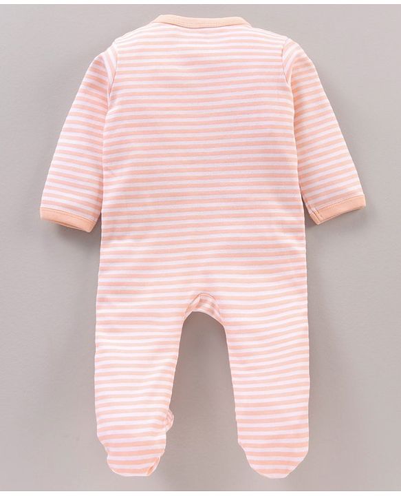 Babyhug Cotton Knit Full Sleeves Sleepsuit Striped - Pink