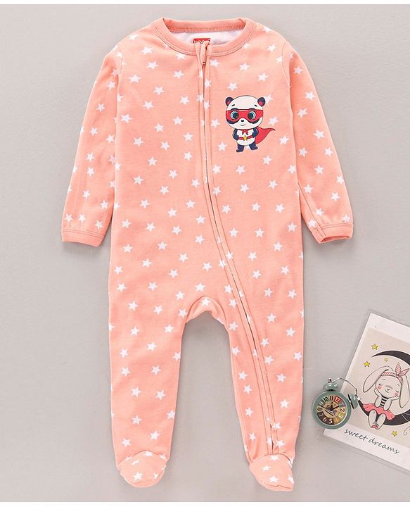 Babyhug Cotton Knit Full Sleeves Panda Print Sleep Suit - Pink