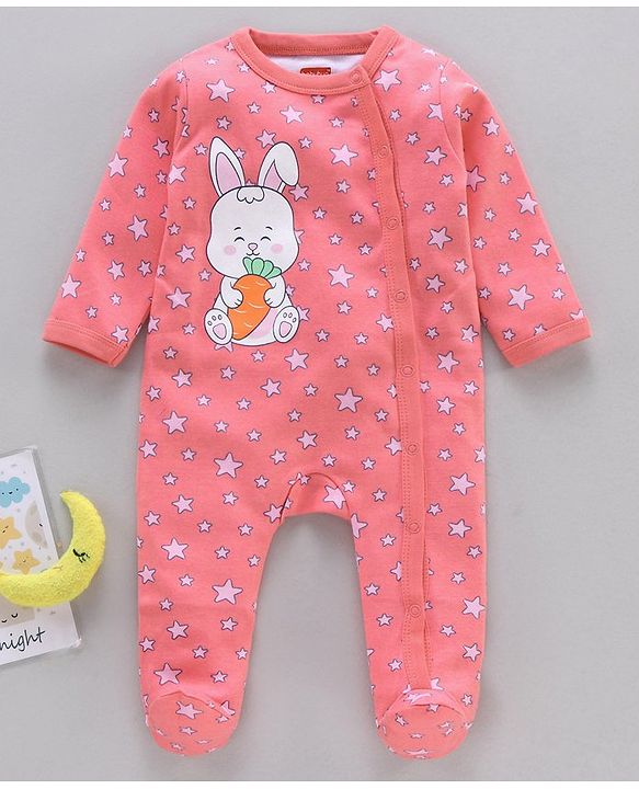 Babyhug Cotton Full Sleeves Footed Sleepsuit Bunny Print - Coral