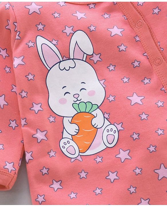Babyhug Cotton Full Sleeves Footed Sleepsuit Bunny Print - Coral