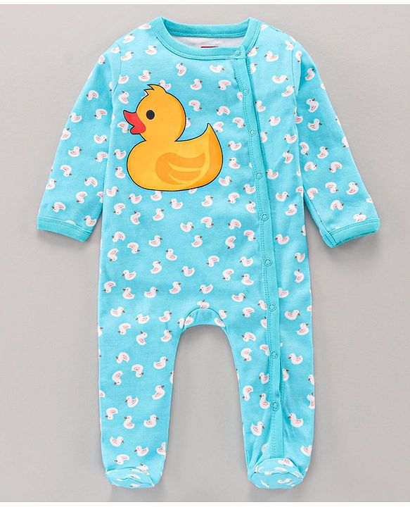 Babyhug Cotton Knit Full Sleeves Duck Printed Sleep Suit - Blue