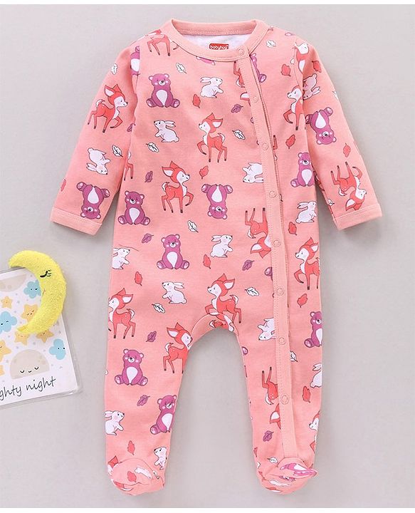 Babyhug Full Sleeves Sleep Suit Animal Print  - Pink