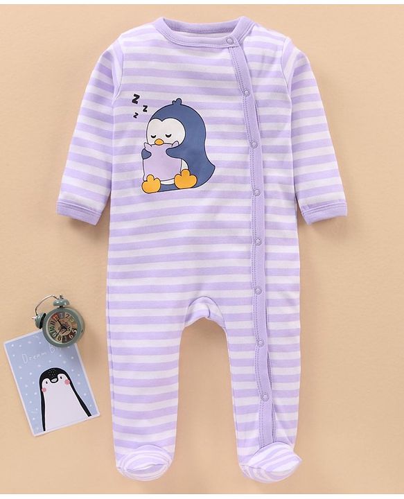 Babyhug Cotton Knit Full Sleeves Sleepsuit Striped - Blue