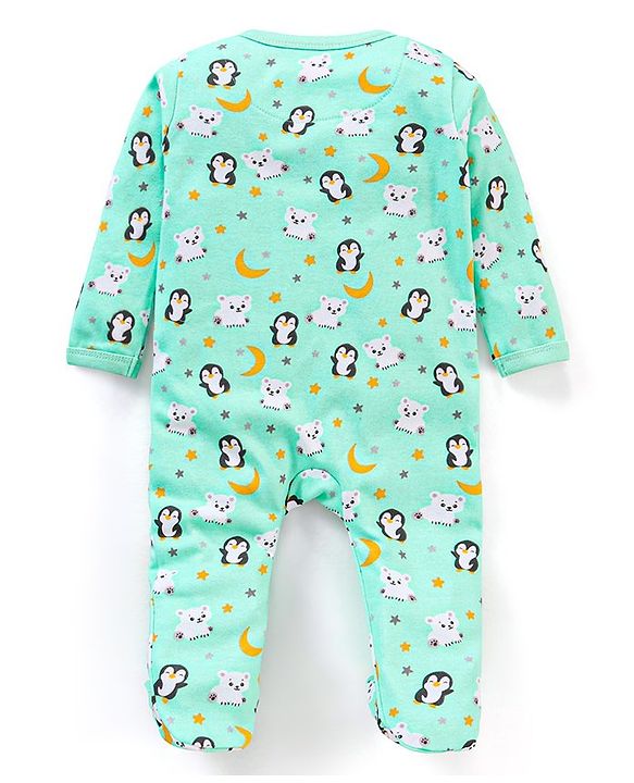 Babyhug Full Sleeves Footed Sleepsuit Penguin Print - Green