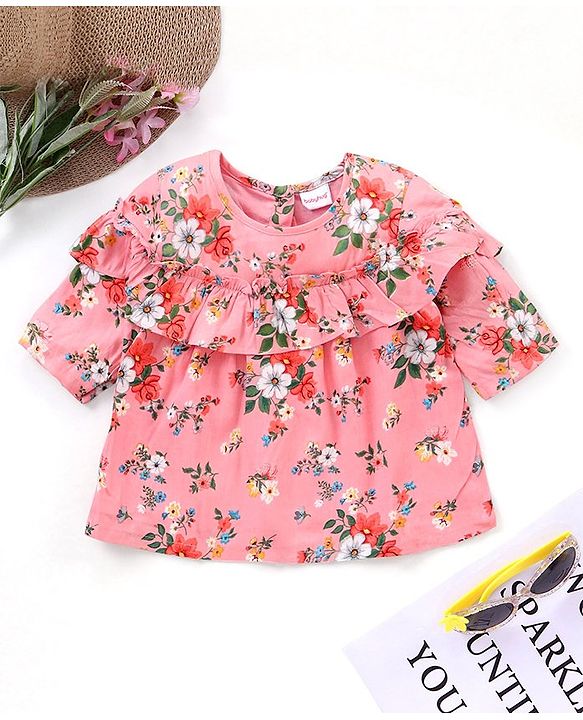 Babyhug Three Fourth Sleeves Rayon Top With Frill Detailing And Floral Print- Pink