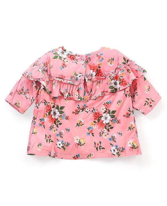 Babyhug Three Fourth Sleeves Rayon Top With Frill Detailing And Floral Print- Pink