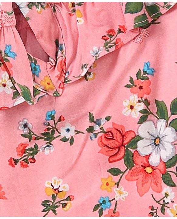 Babyhug Three Fourth Sleeves Rayon Top With Frill Detailing And Floral Print- Pink
