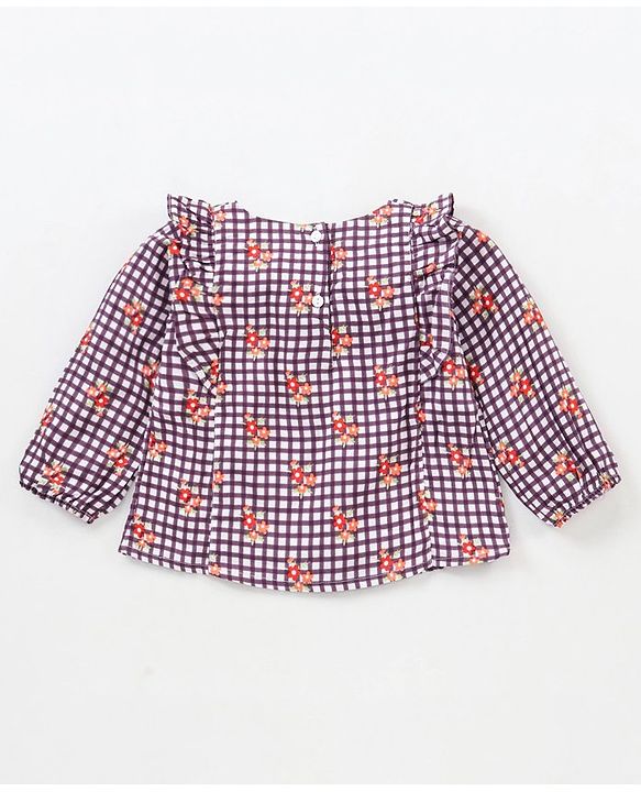 Babyhug Full Sleeves Printed Checks Rayon Top With Floral Print And Frill Detailing-Multicolor