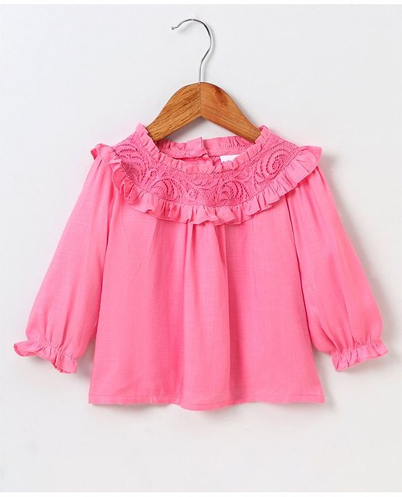 Babyhug Full Sleeves Solid Slub Rayon Top With Lace & Frill Detailing- Pink